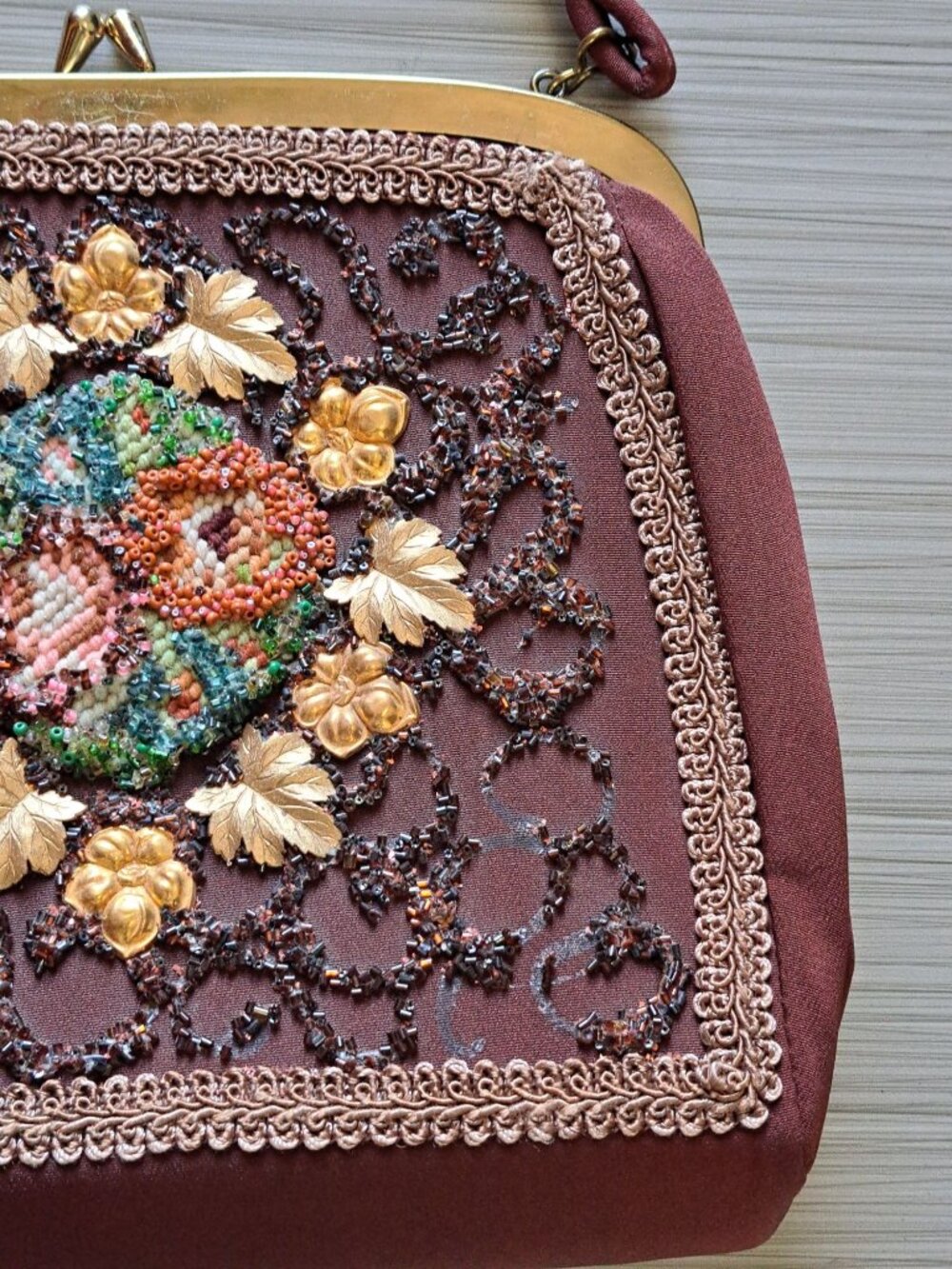 Vintage 50's Beaded Embroidered Handbag Purse Multicolor Floral Top Handle - Picture 3 of 12